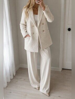 HM Womens Cream Double-Breasted Bouclé Coat Size XL